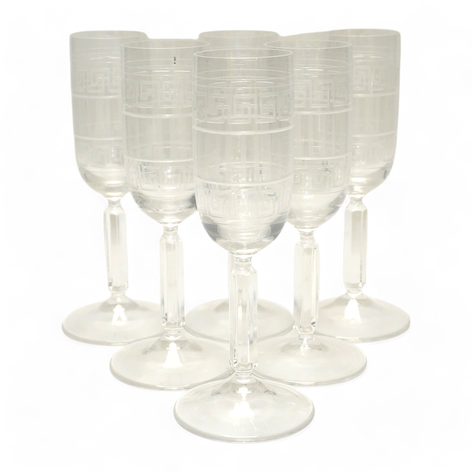 Six boxed Rosenthal for Versace champagne flutes with etched Greek key decoration, 18.5cm high. Condition - good.